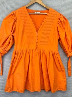 Showpo 100% Cotton Orange Puff-Sleeve Button Front Mini Dress Spring Boho Sz 14